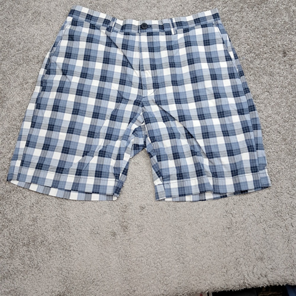 Savane Mens Blue White Plaid Cotton Flat Front Chino Shorts Size 32